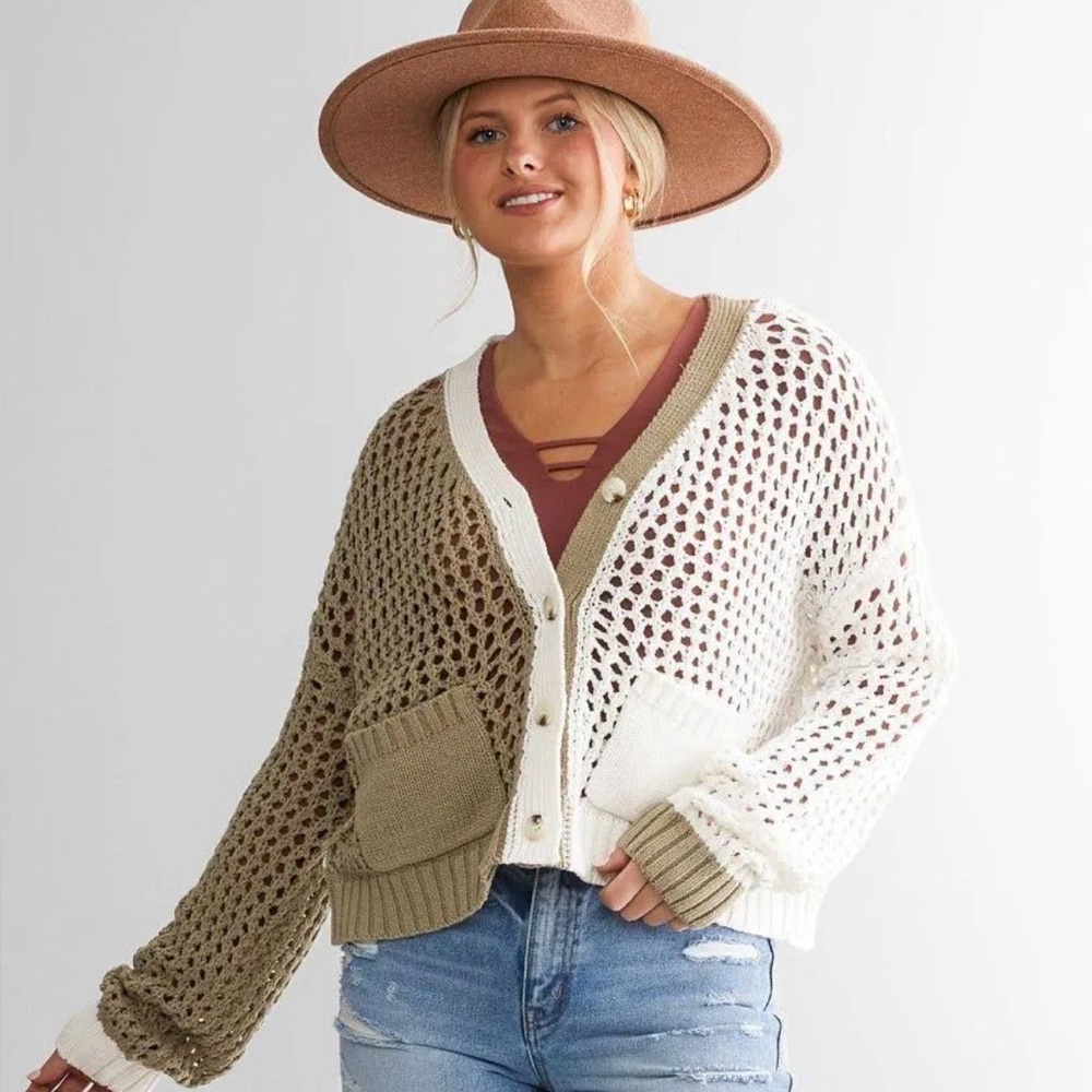Willow Root Color Block Cardigan Sweater Sz large Casual Neutral Minimalist Boho